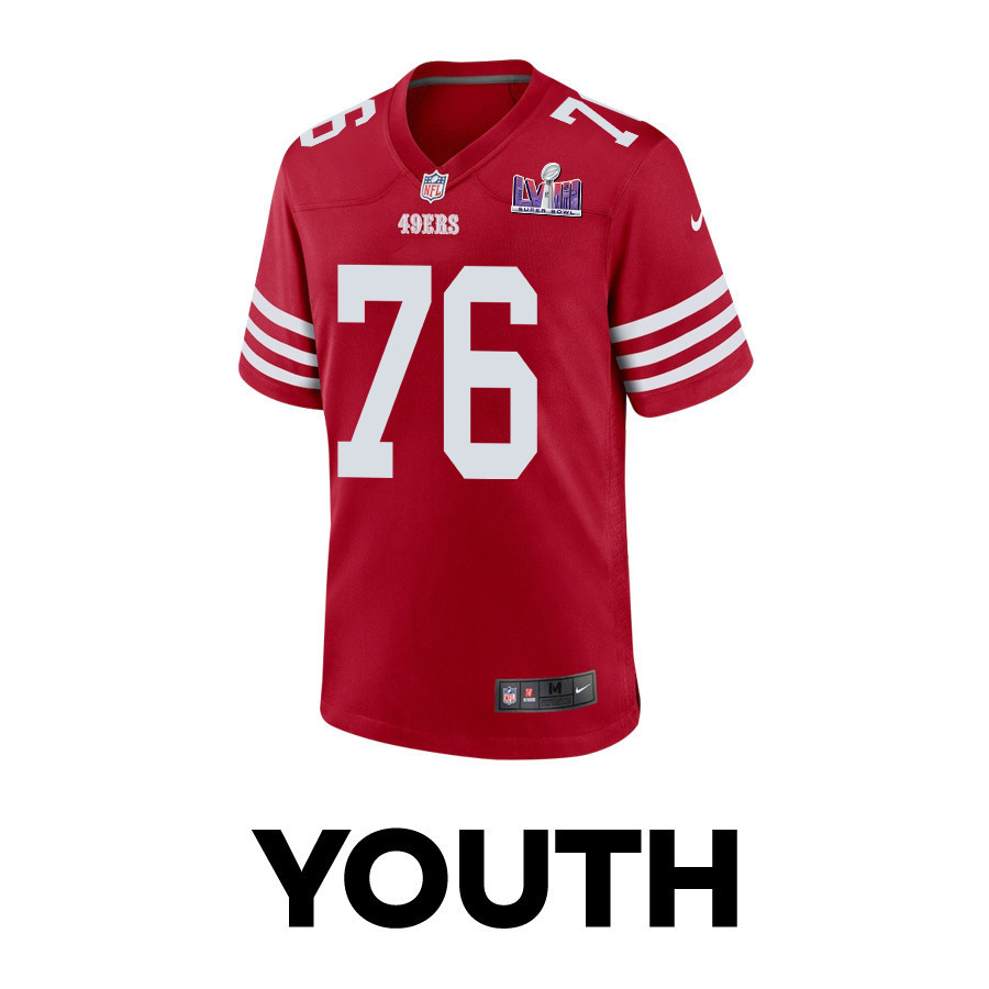 Jaylon Moore 76 San Francisco 49ers Super Bowl LVIII Patch Game YOUTH Jersey - Scarlet