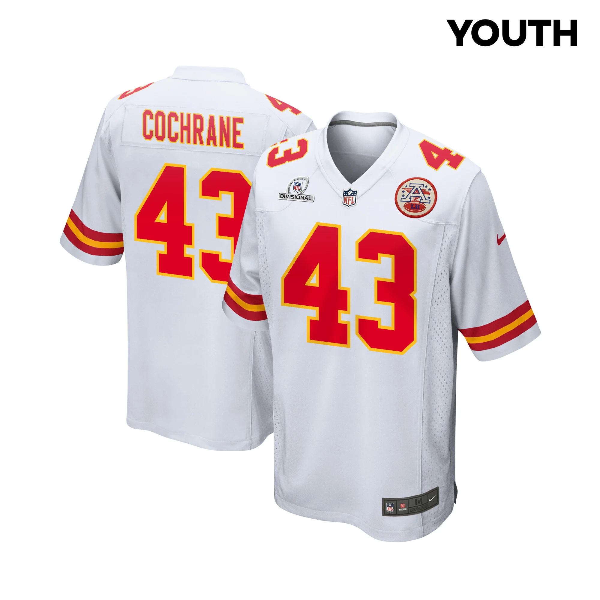 Jack Cochrane 43 Kansas City Chiefs Super Bowl LVIII Patch Game YOUTH Jersey - White