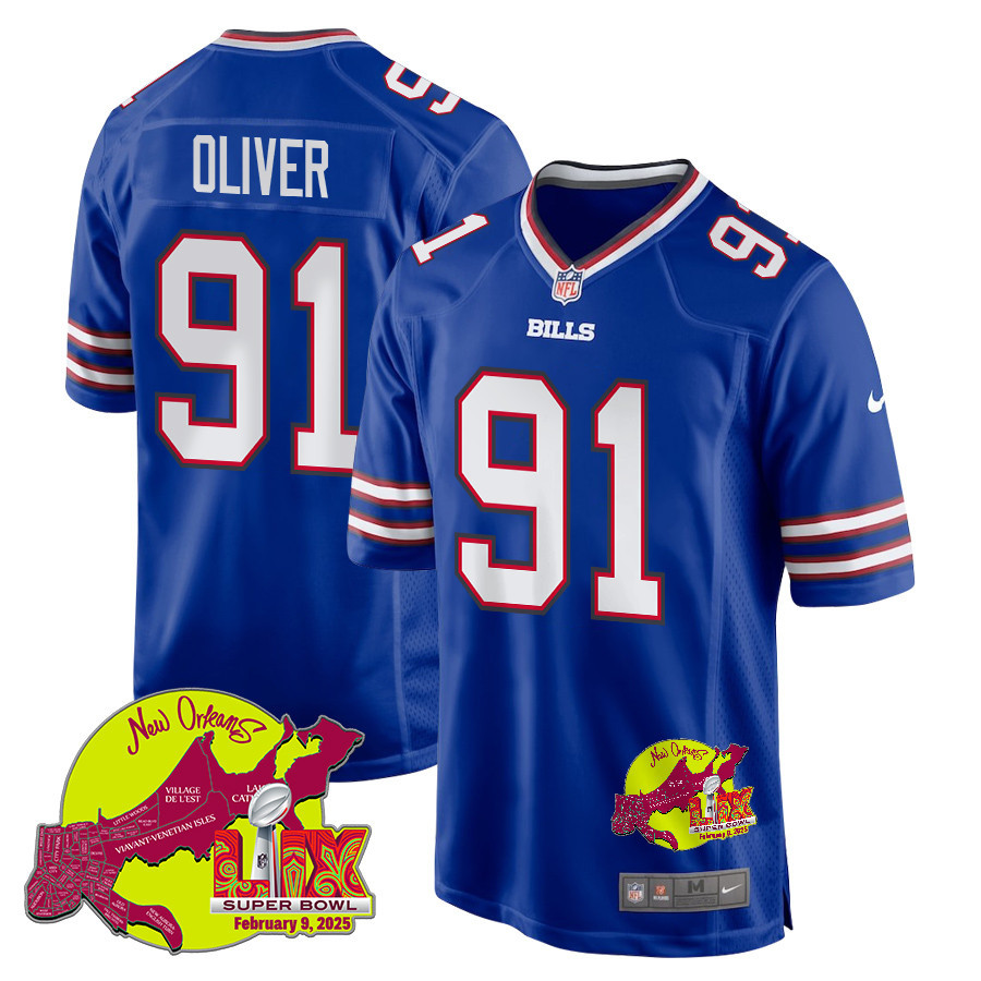 Ed Oliver 91 Buffalo Bills Super Bowl LIX New Orleans Patch Game Men Jersey - Royal