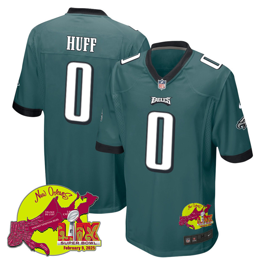 Bryce Huff 0 Philadelphia Eagles Super Bowl LIX New Orleans Patch Game Men Jersey - Midnight Green