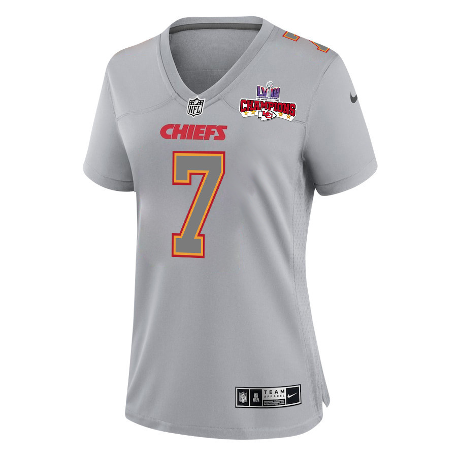 Harrison Butker 7 Kansas City Chiefs Super Bowl LVIII Champions 4 Stars Patch Atmosphere Fashion Game Women Jersey - Gray