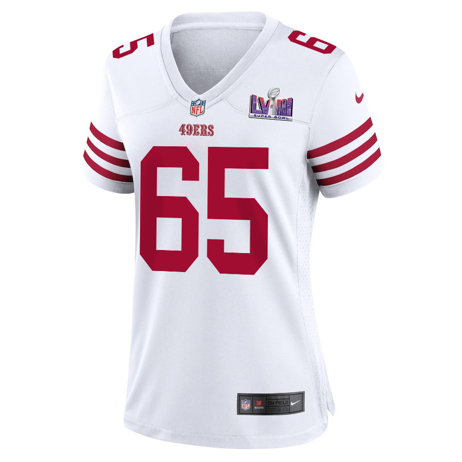 Aaron Banks 65 San Francisco 49ers Super Bowl LVIII Patch Game Women Jersey - White