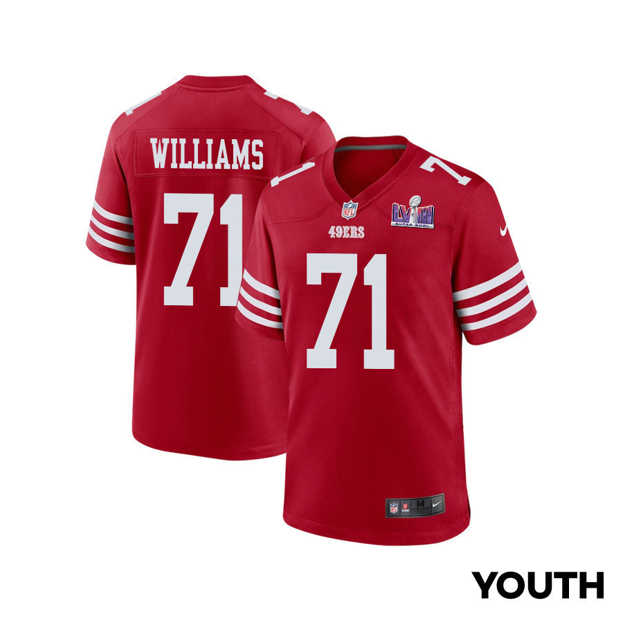 Trent Williams 71 San Francisco 49ers Super Bowl LVIII Patch Game YOUTH Jersey - Scarlet