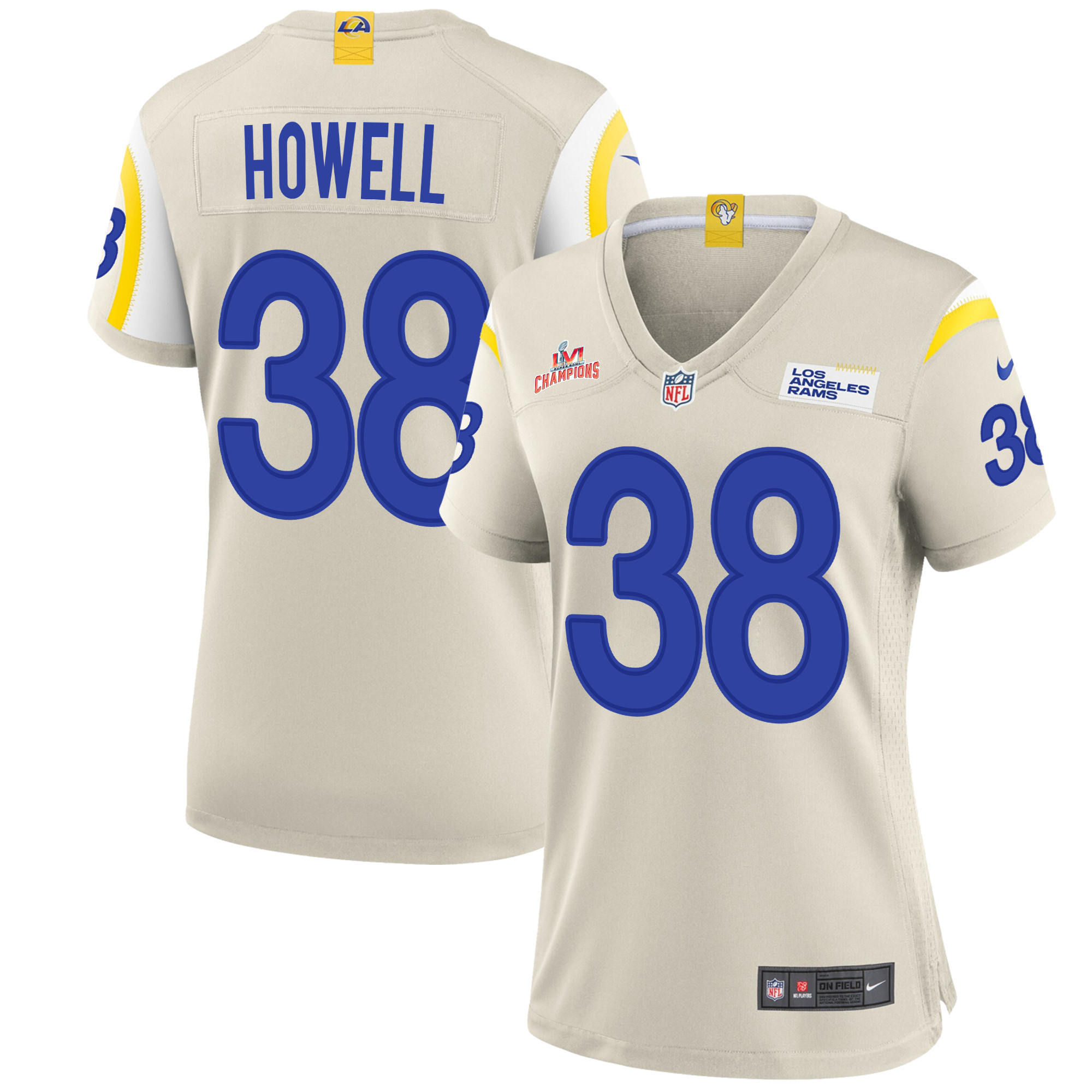 Super Bowl LVI Champions Los Angeles Rams Buddy Howell 38 Bone Women's Jersey Jersey