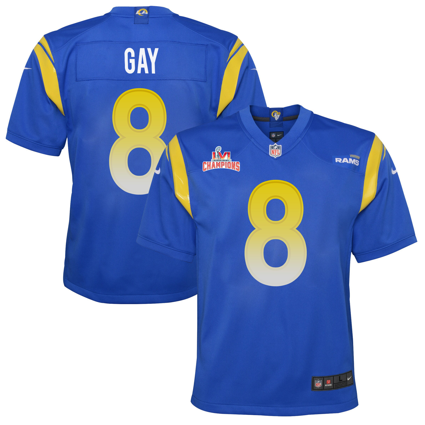 Super Bowl LVI Champions Los Angeles Rams Matt Gay 8 Royal Youth's Jersey Jersey