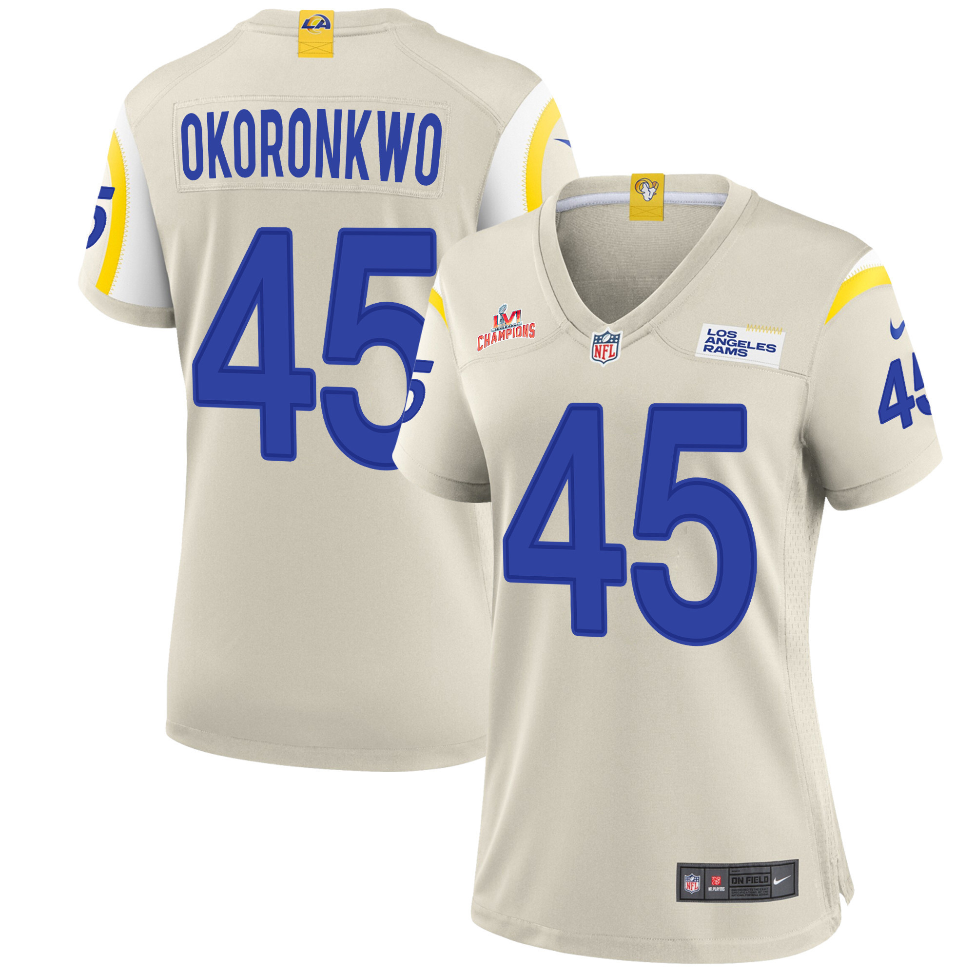 Super Bowl LVI Champions Los Angeles Rams Ogbonnia Okoronkwo 45 Bone Women's Jersey Jersey