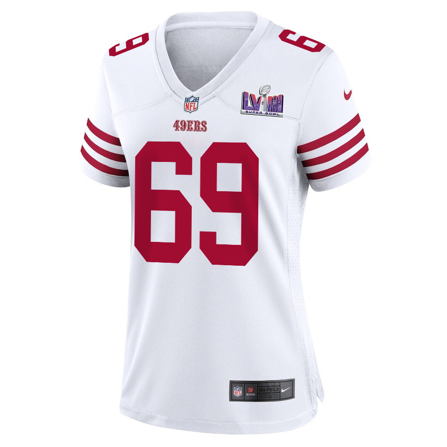 Spencer Waege 69 San Francisco 49ers Super Bowl LVIII Patch Game Women Jersey - White