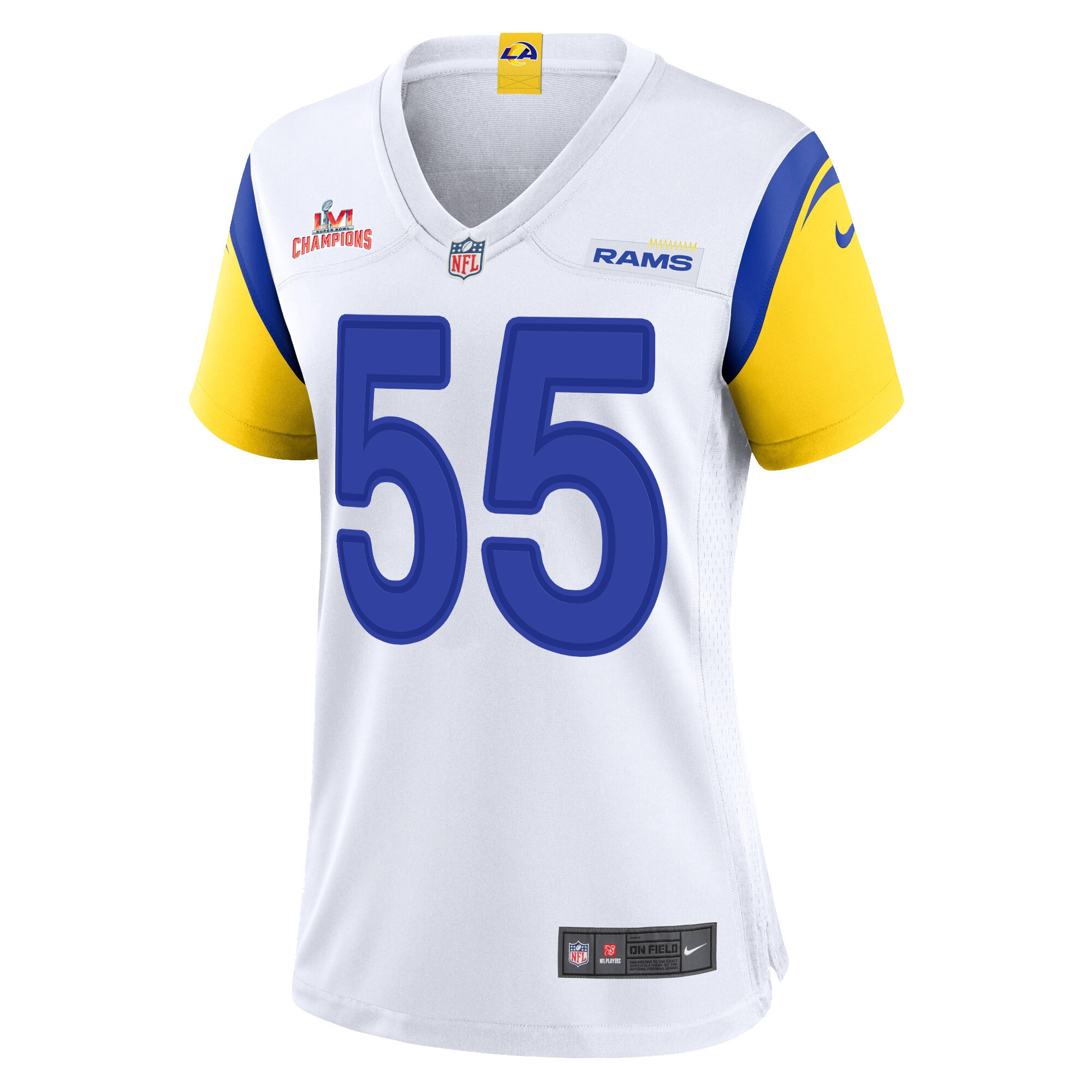 Super Bowl LVI Champions Los Angeles Rams Brian Allen 55 White Women's Jersey Jersey
