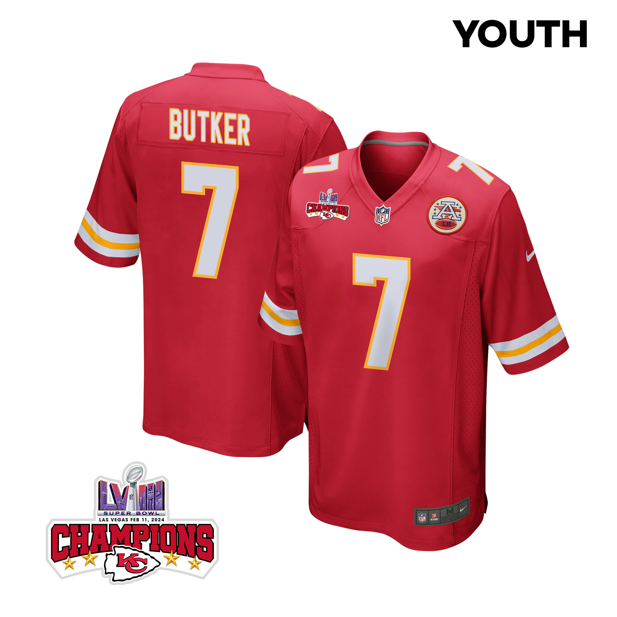 Harrison Butker 7 Kansas City Chiefs Super Bowl LVIII Champions 4 Stars Patch Game YOUTH Jersey - Red