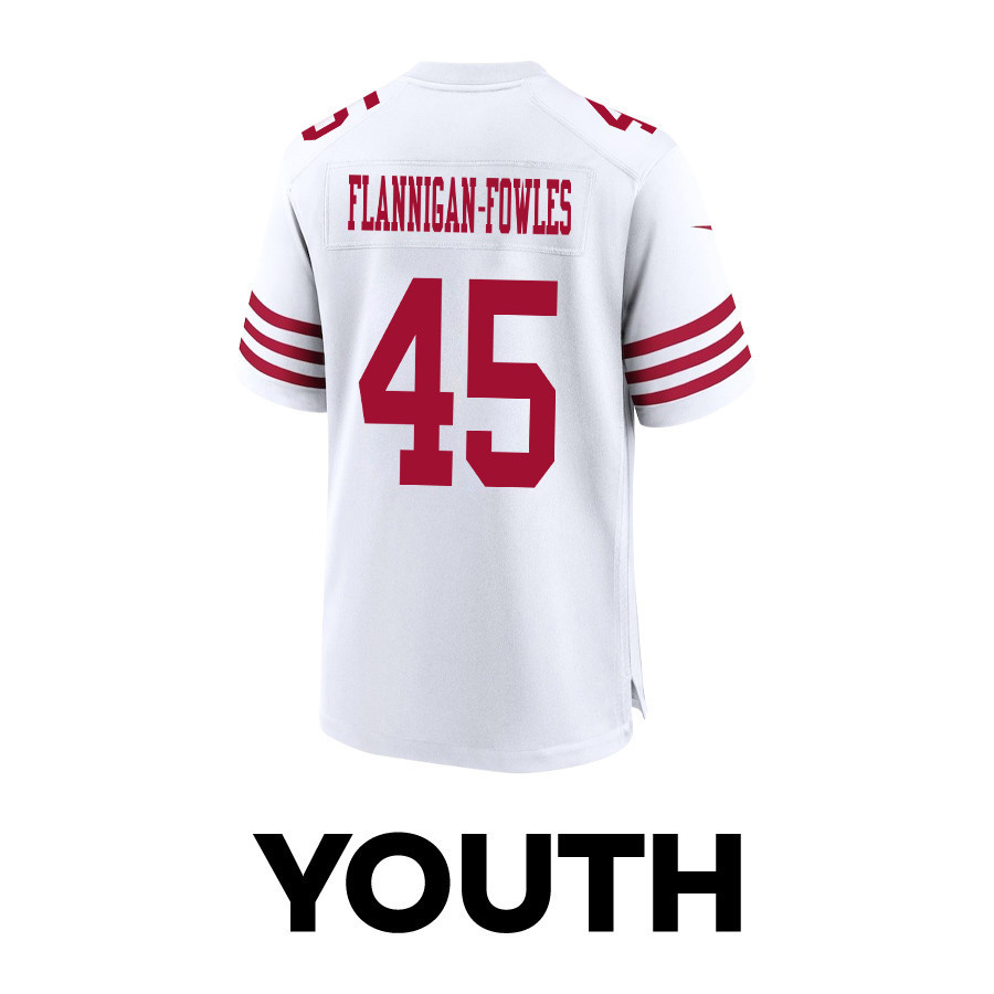 Demetrius Flannigan-Fowles 45 San Francisco 49ers Super Bowl LVIII Patch Game YOUTH Jersey - White