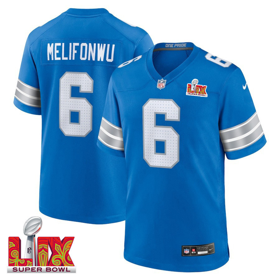 Ifeatu Melifonwu #6 Detroit Lions Super Bowl LIX Jersey - Men's - Blue