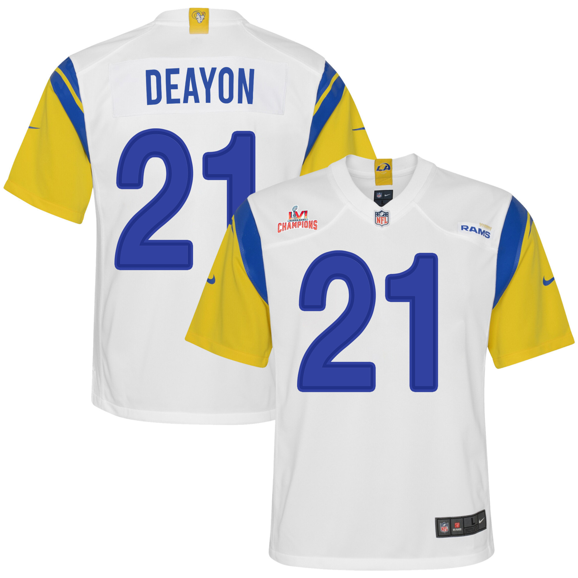 Super Bowl LVI Champions Los Angeles Rams Dont'e Deayon 21 White Youth's Jersey Jersey