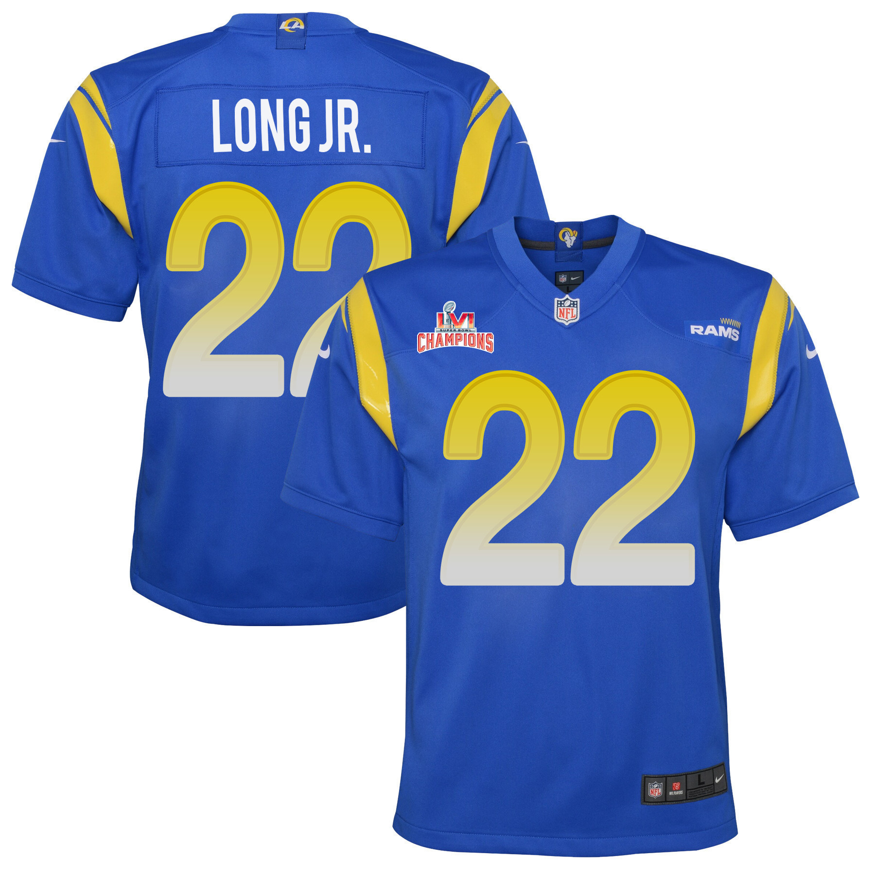 Super Bowl LVI Champions Los Angeles Rams David Long Jr. 22 Royal Youth's Jersey Jersey