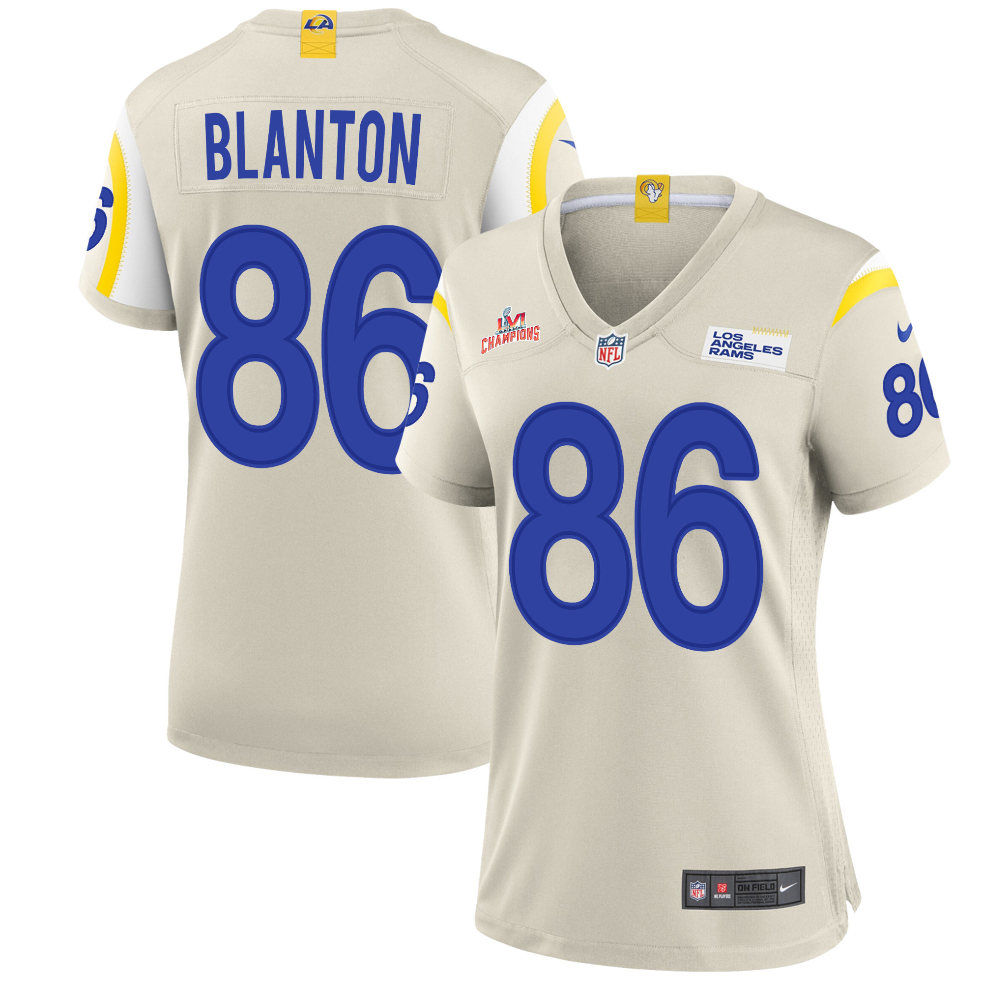Super Bowl LVI Champions Los Angeles Rams Kendall Blanton 86 Bone Women's Jersey Jersey