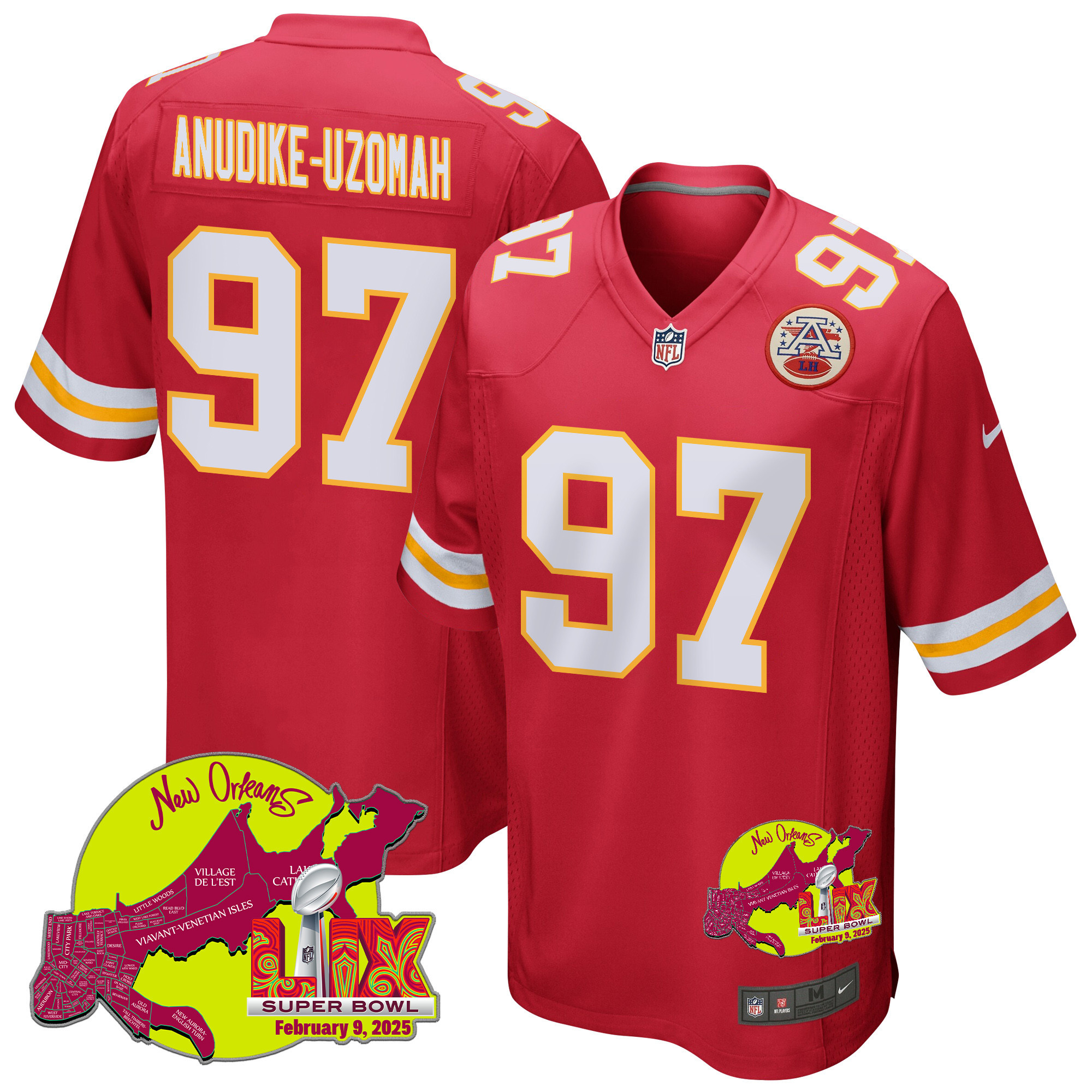 Felix Anudike-Uzomah 97 Kansas City Chiefs Super Bowl LIX New Orleans Patch Game Men Jersey - Red