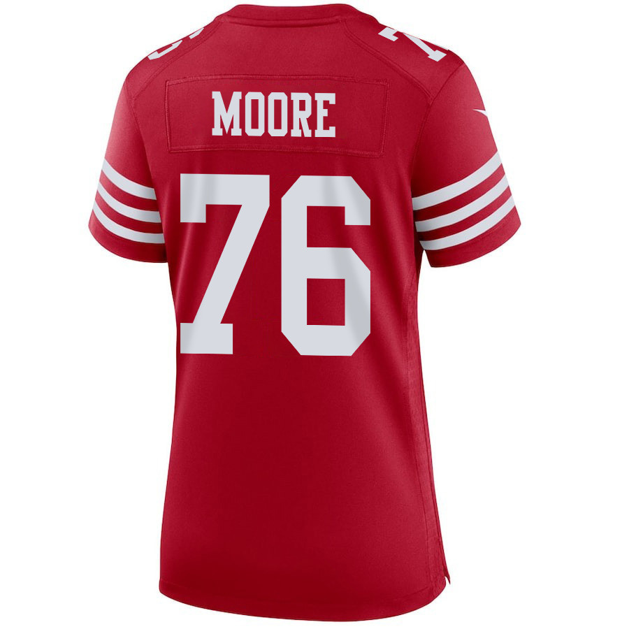 Jaylon Moore 76 San Francisco 49ers Super Bowl LVIII Patch Game Women Jersey - Scarlet