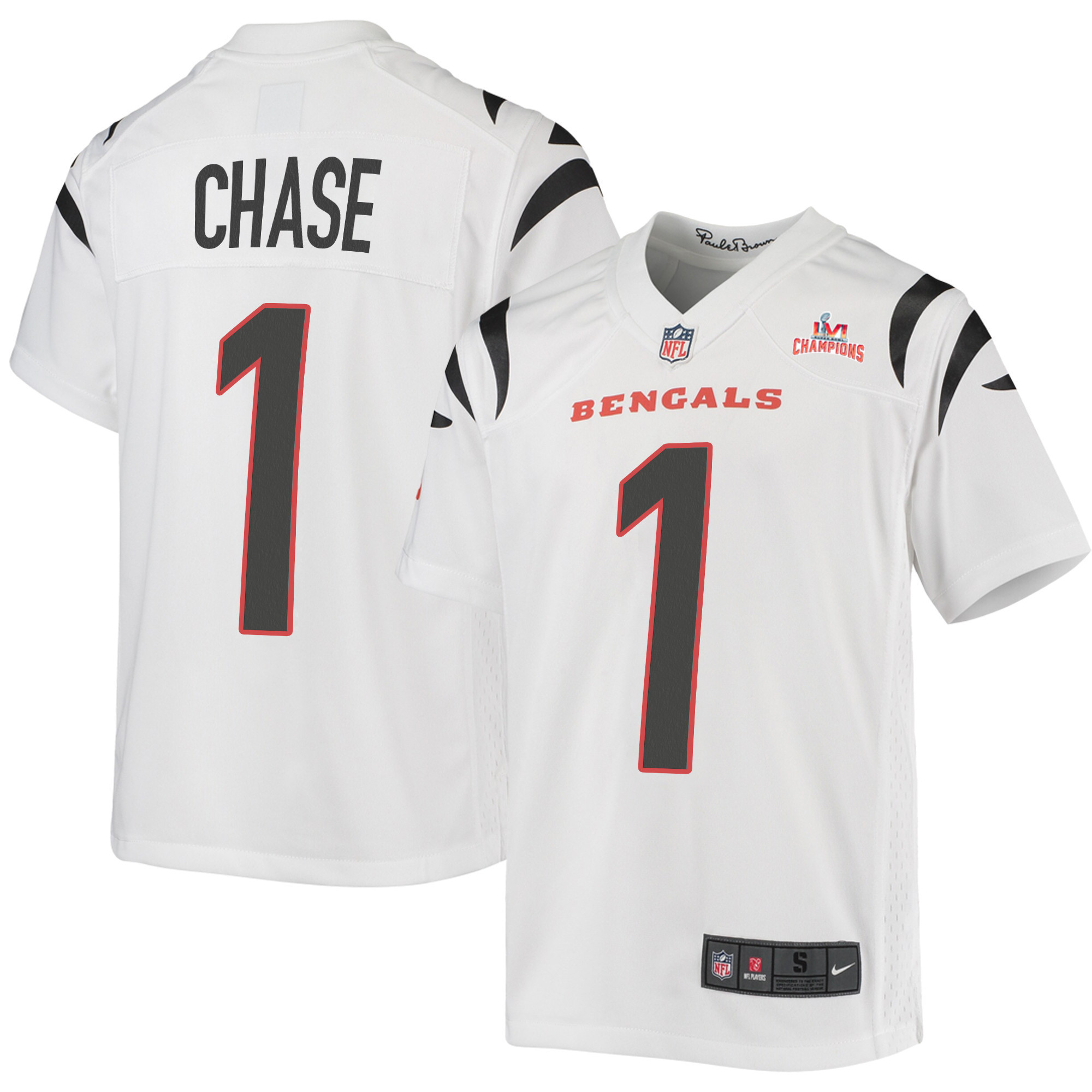 Super Bowl LVI Champions Cincinnati Bengals Ja'Marr Chase 1 White Youth's Jersey Jersey