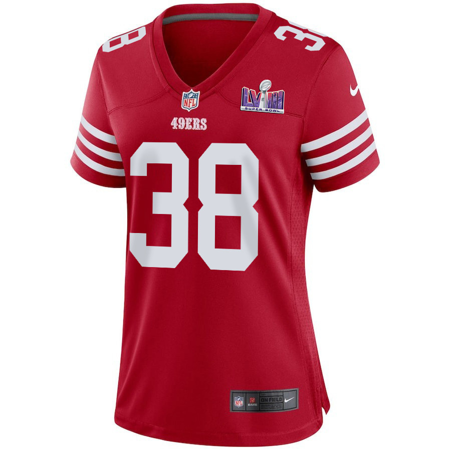Kemon Hall 38 San Francisco 49ers Super Bowl LVIII Patch Game Women Jersey - Scarlet