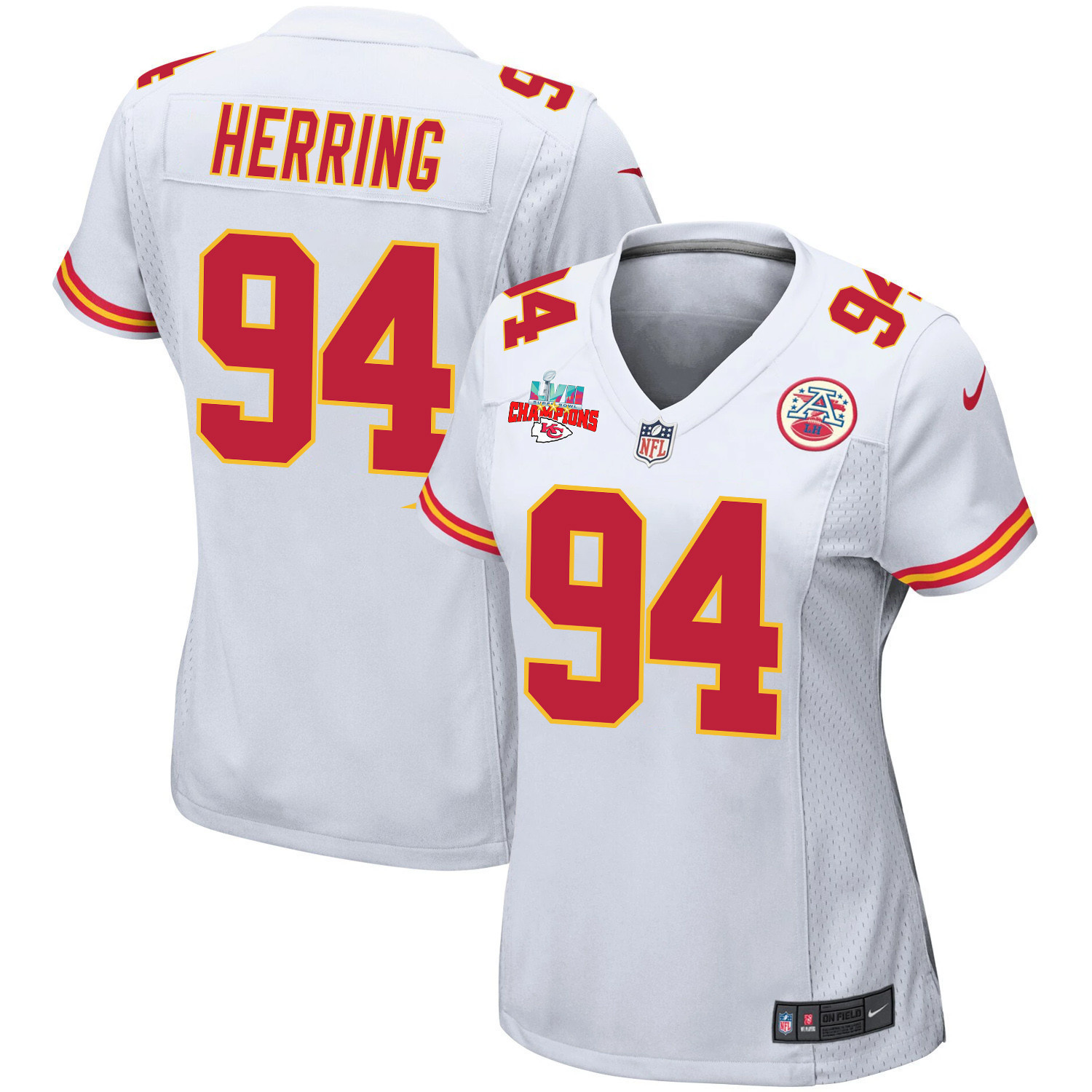Malik Herring 94 Kansas City Chiefs Super Bowl LVII Champions 3 Stars Women Game Jersey - White