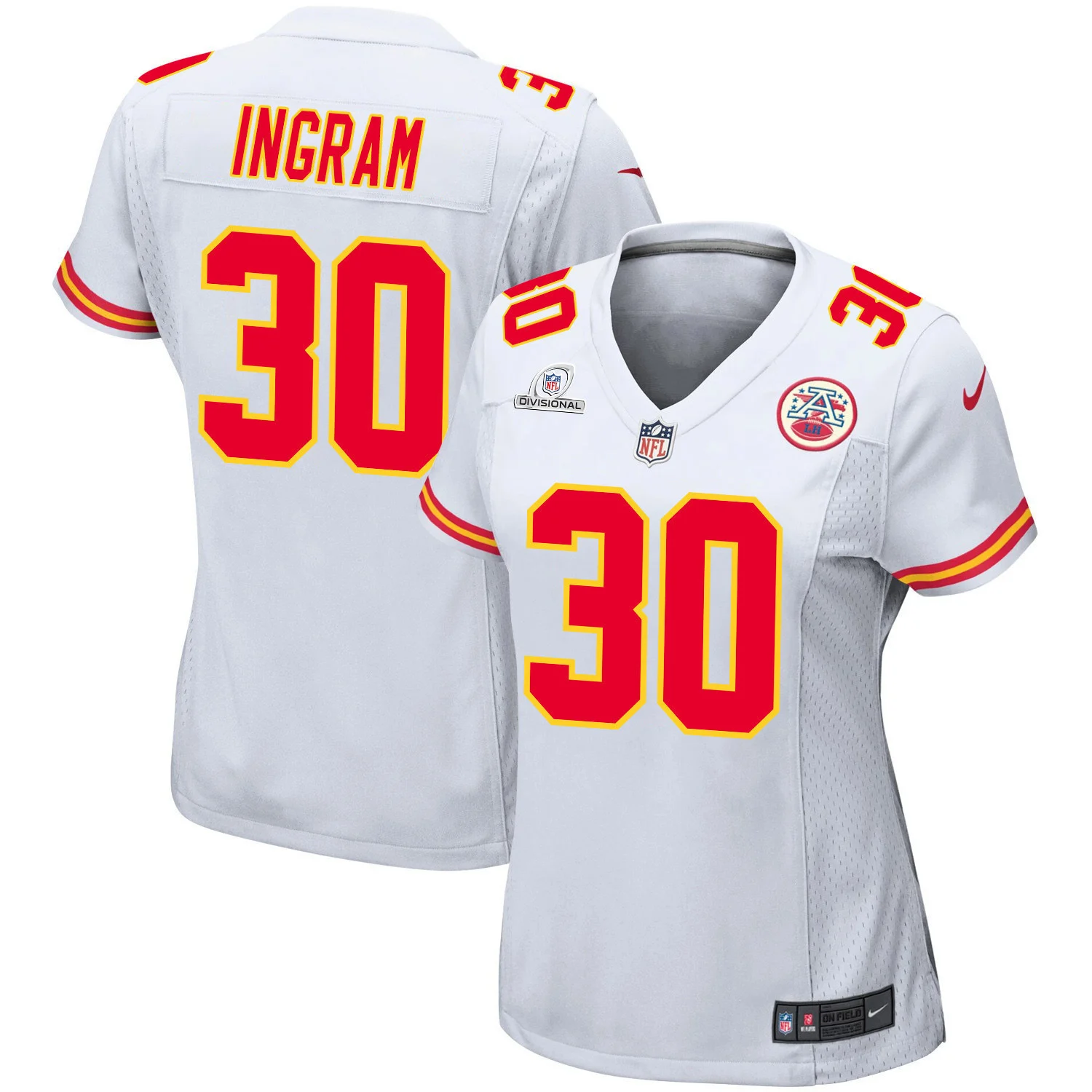 Keaontay Ingram 30 Kansas City Chiefs Super Bowl LVIII Patch Game Women Jersey - White