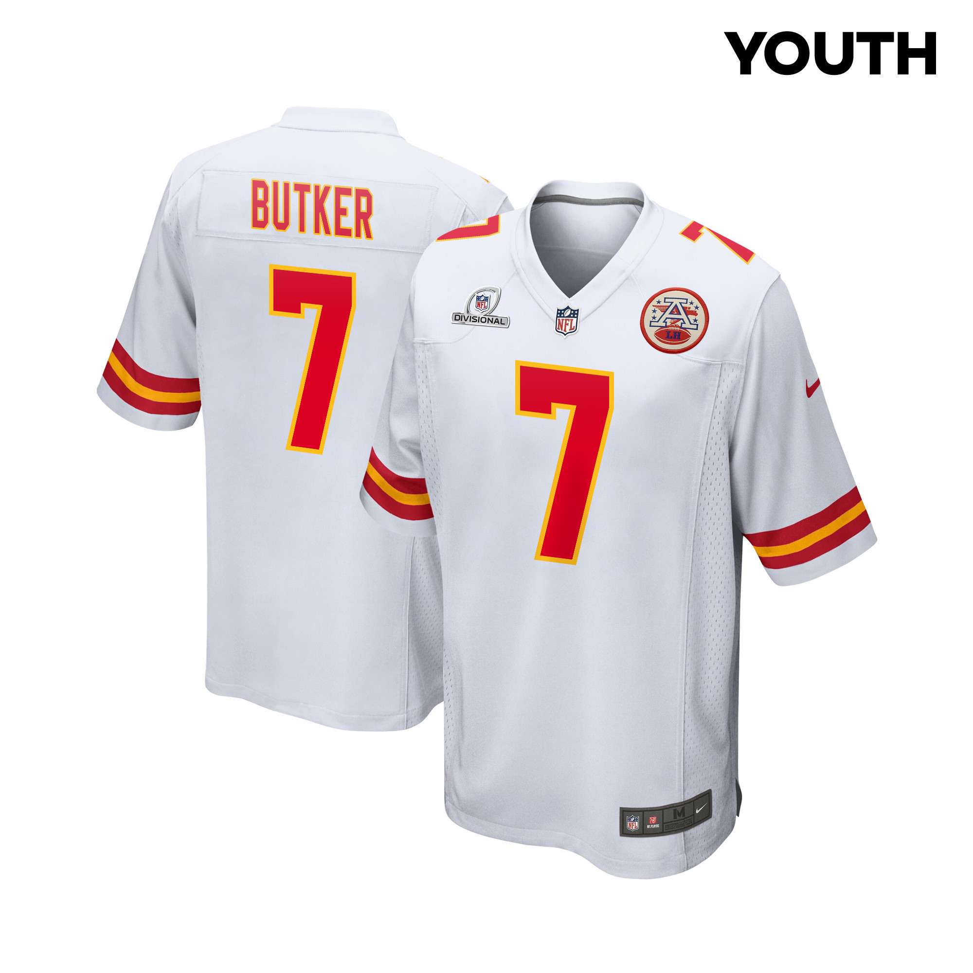 Harrison Butker 7 Kansas City Chiefs Super Bowl LVIII Patch Game YOUTH Jersey - White