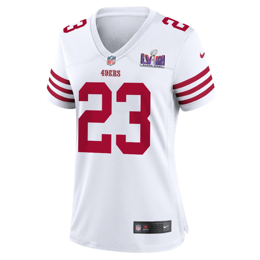 Christian McCaffrey 23 San Francisco 49ers Super Bowl LVIII Patch Game Women Jersey - White