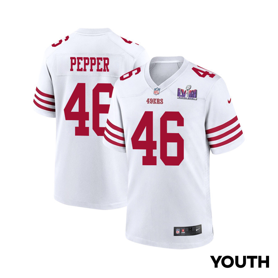 Taybor Pepper 46 San Francisco 49ers Super Bowl LVIII Patch Game YOUTH Jersey - White