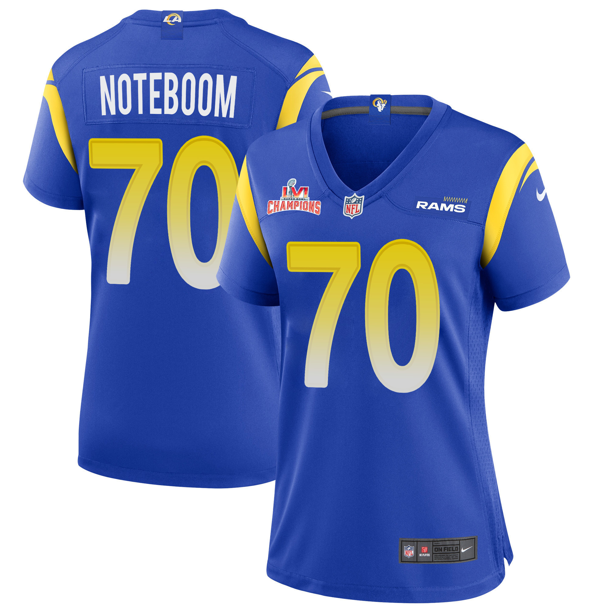 Super Bowl LVI Champions Los Angeles Rams Joe Noteboom 70 Royal Women's Jersey Jersey