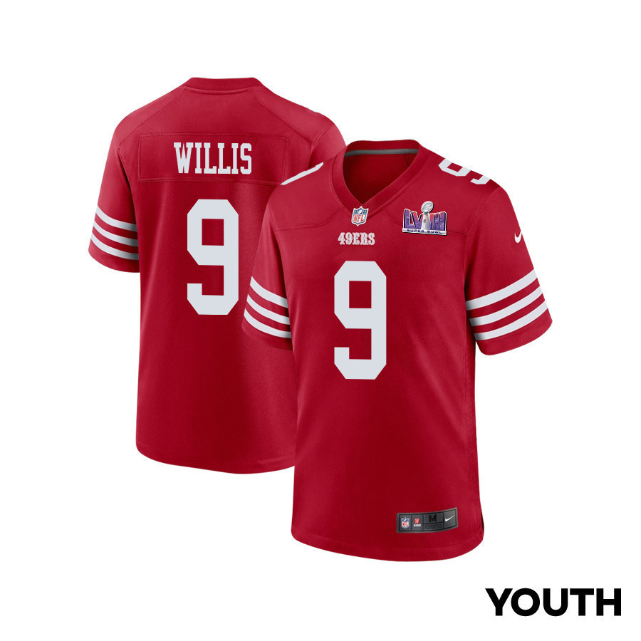 Brayden Willis 9 San Francisco 49ers Super Bowl LVIII Patch Game YOUTH Jersey - Scarlet