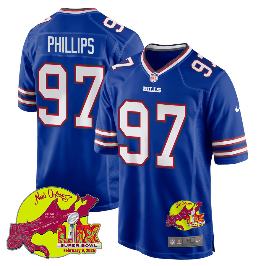 Jordan Phillips 97 Buffalo Bills Super Bowl LIX New Orleans Patch Game Men Jersey - Royal