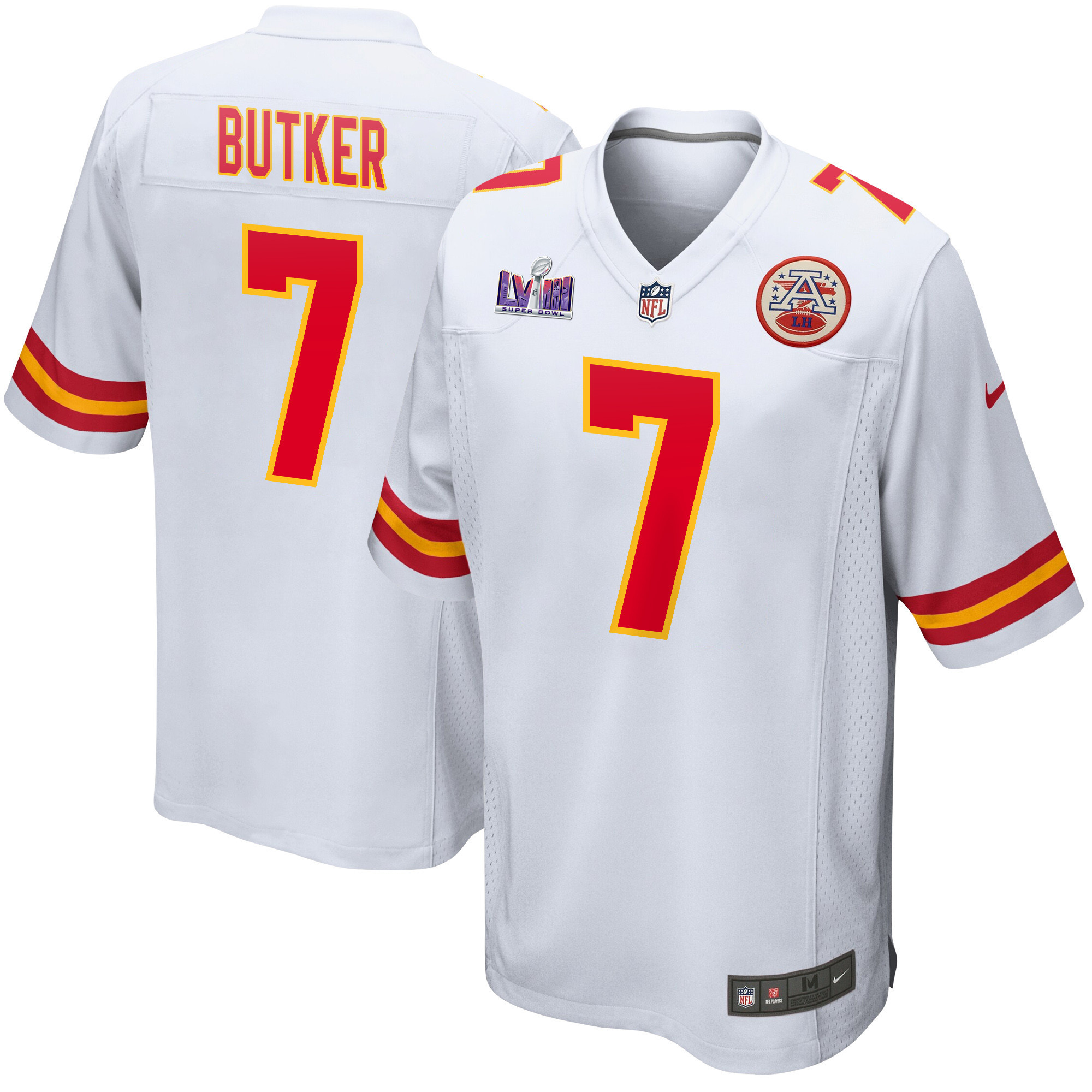 Harrison Butker 7 Kansas City Chiefs Super Bowl LVIII Patch Game Men Jersey - White