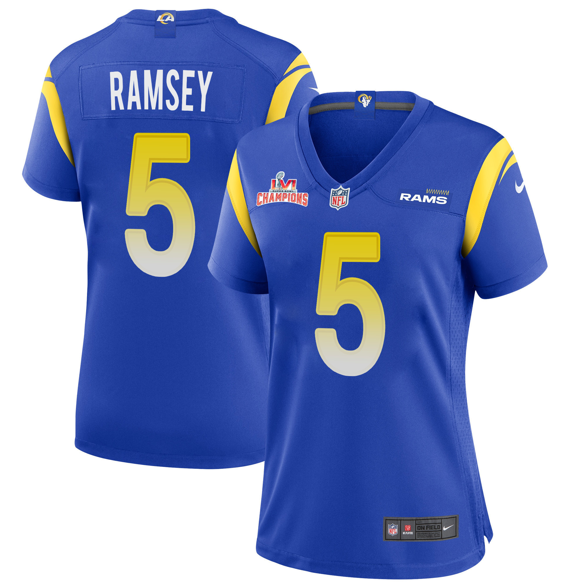 Super Bowl LVI Champions Los Angeles Rams Jalen Ramsey 5 Royal Women's Jersey Jersey