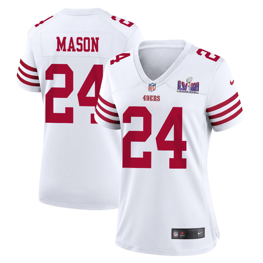 Jordan Mason 24 San Francisco 49ers Super Bowl LVIII Patch Game Women Jersey - White