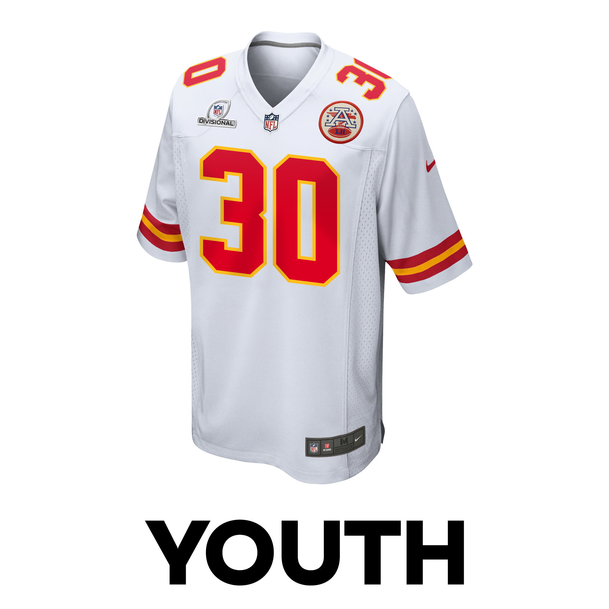 Keaontay Ingram 30 Kansas City Chiefs Super Bowl LVIII Patch Game YOUTH Jersey - White