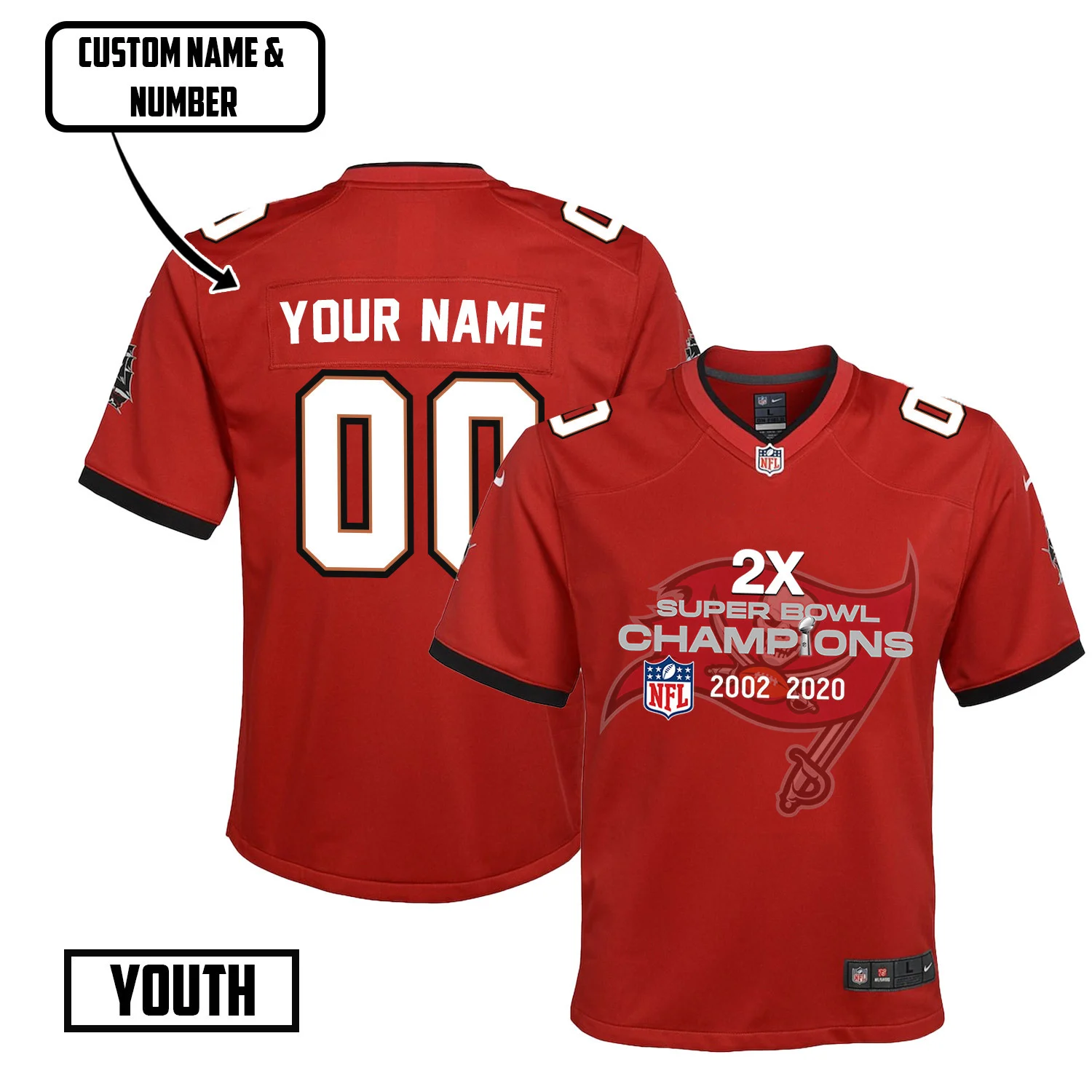 Tampa Bay Buccaneers 2X Super Bowl Champions Jersey - Youth, Red