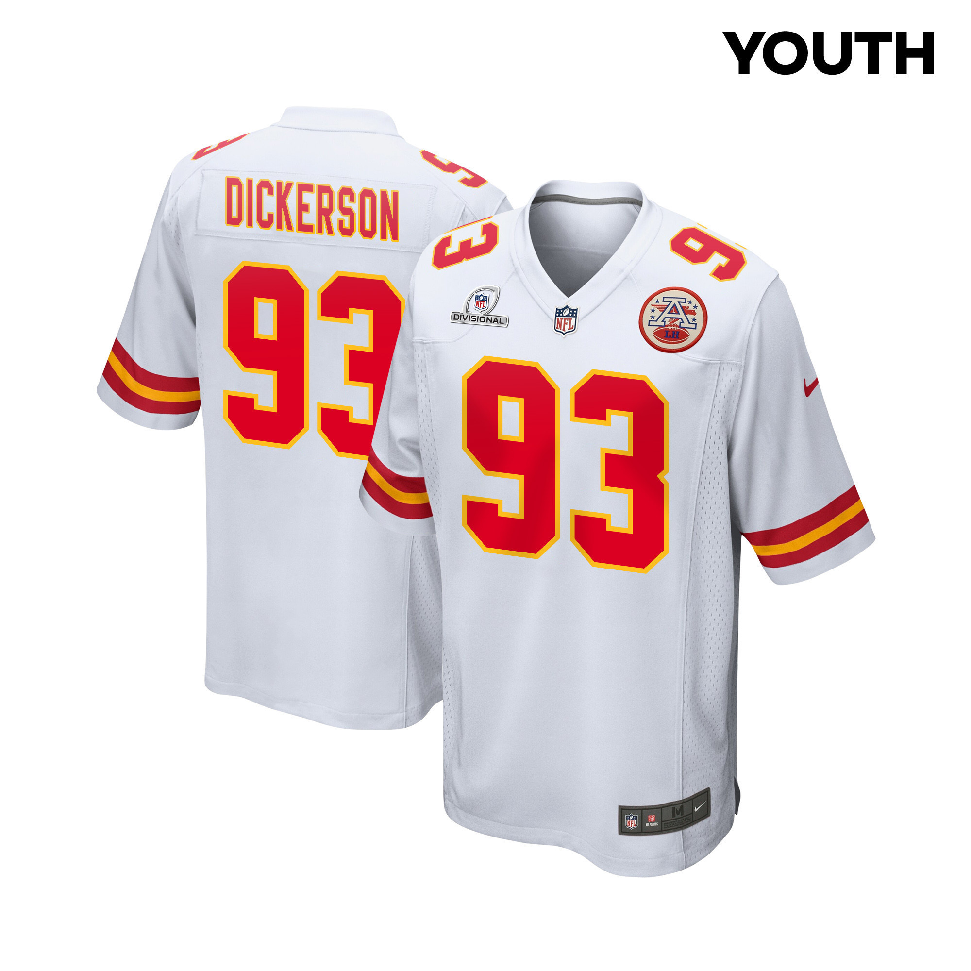 Matt Dickerson 93 Kansas City Chiefs Super Bowl LVIII Patch Game YOUTH Jersey - White