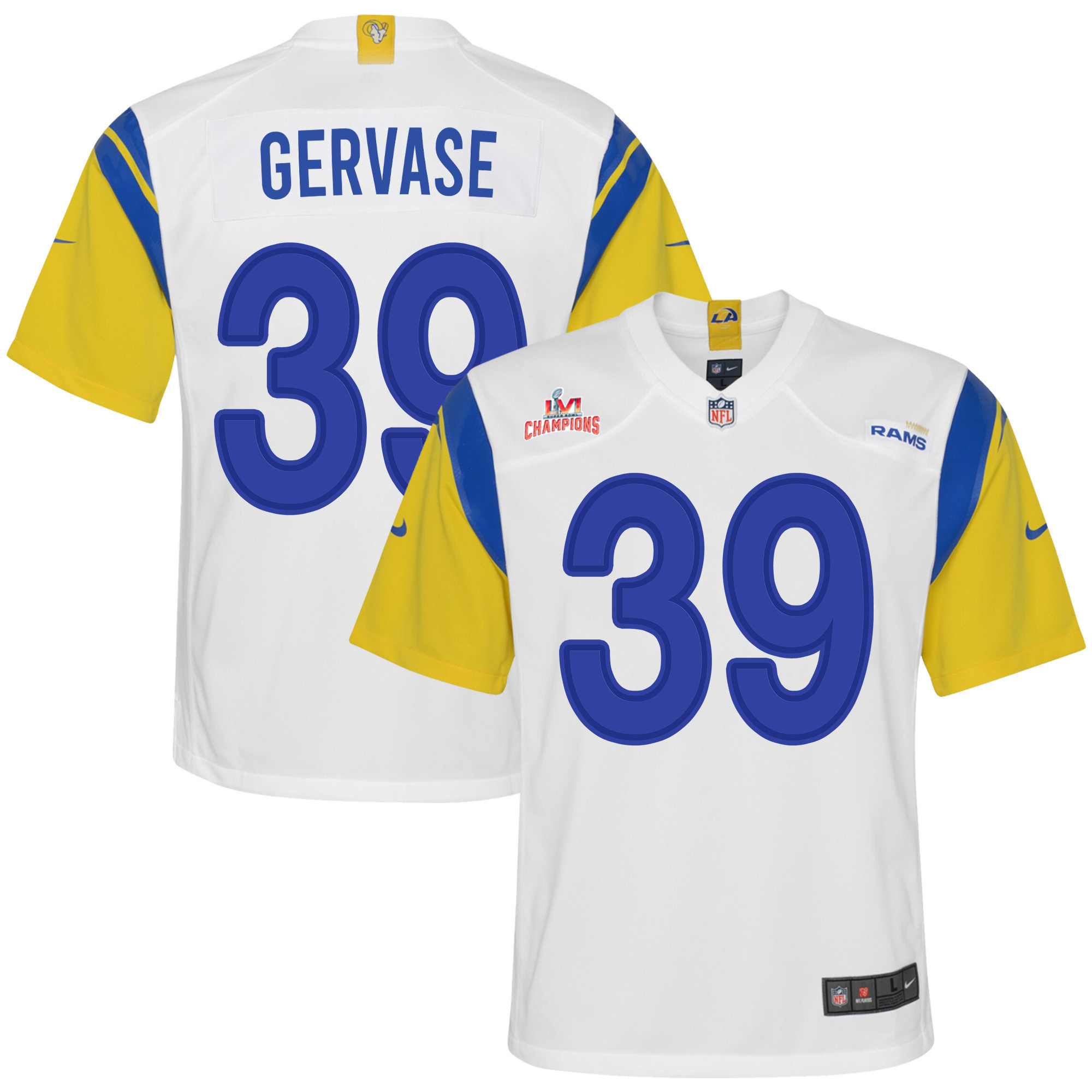 Super Bowl LVI Champions Los Angeles Rams Jake Gervase 39 White Youth's Jersey Jersey