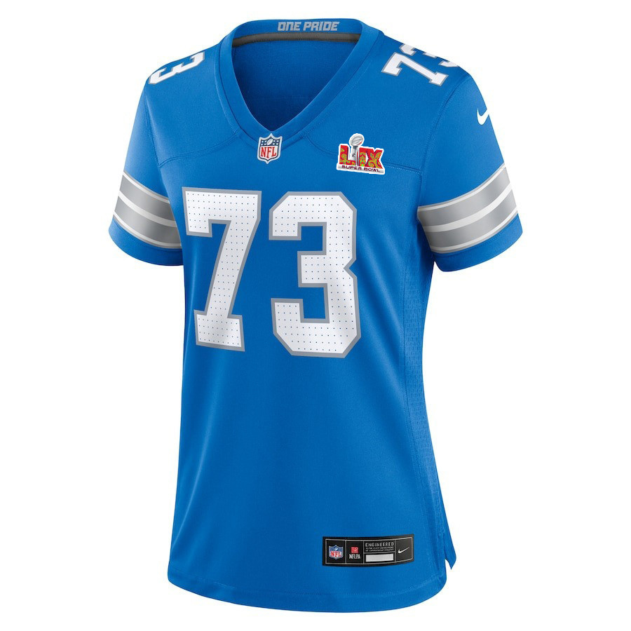Christian Mahogany #73 Detroit Lions Super Bowl LIX Women's Jersey - Blue
