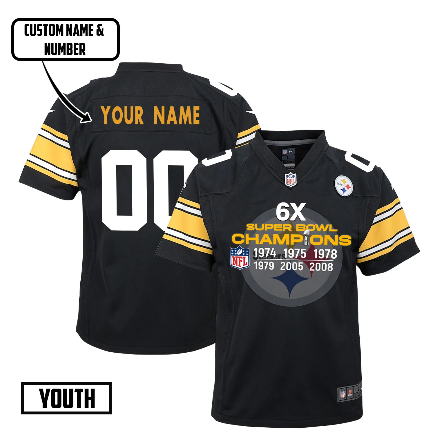 Pittsburgh Steelers 6X Super Bowl Champions Jersey - Youth, Black