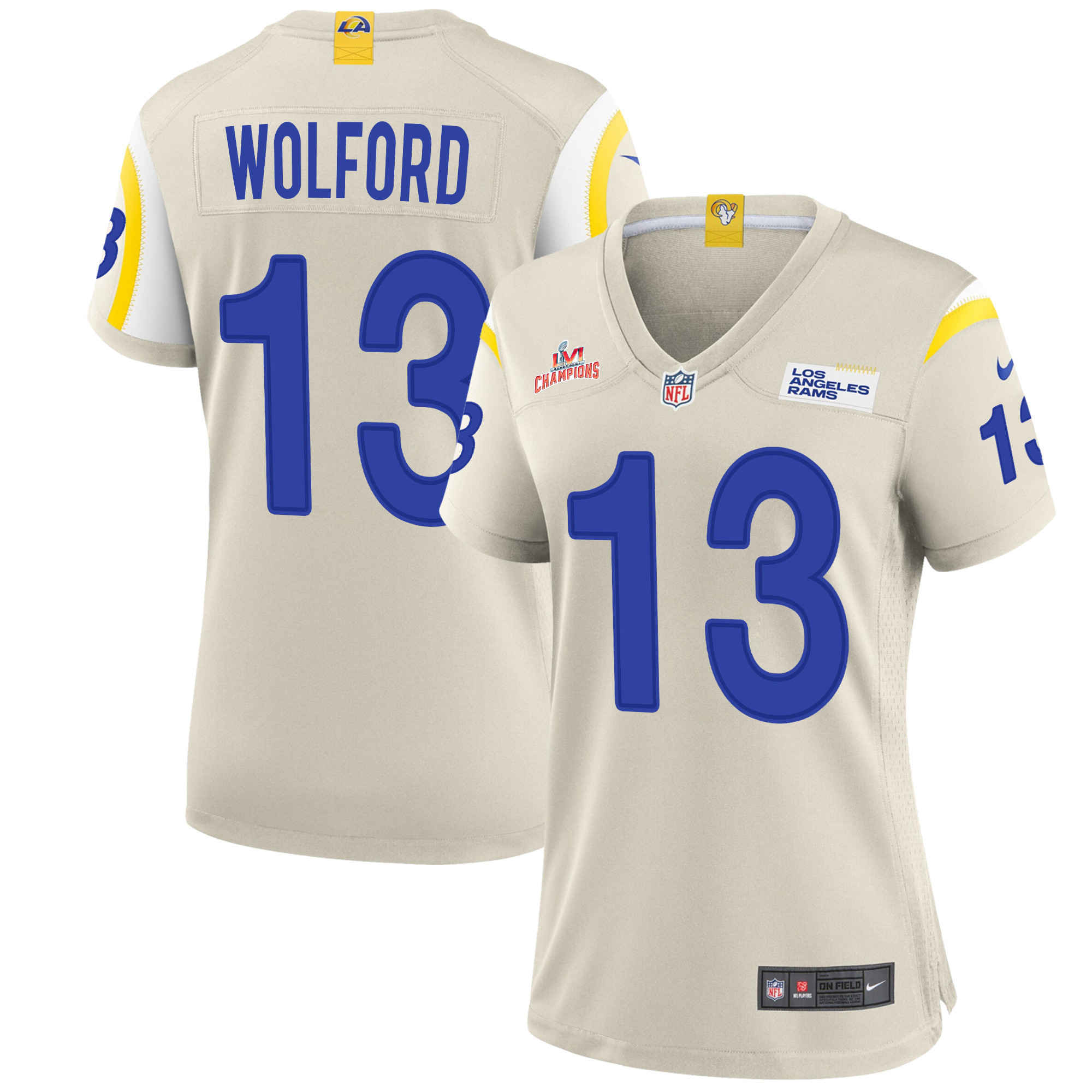 Super Bowl LVI Champions Los Angeles Rams John Wolford 13 Bone Women's Jersey Jersey