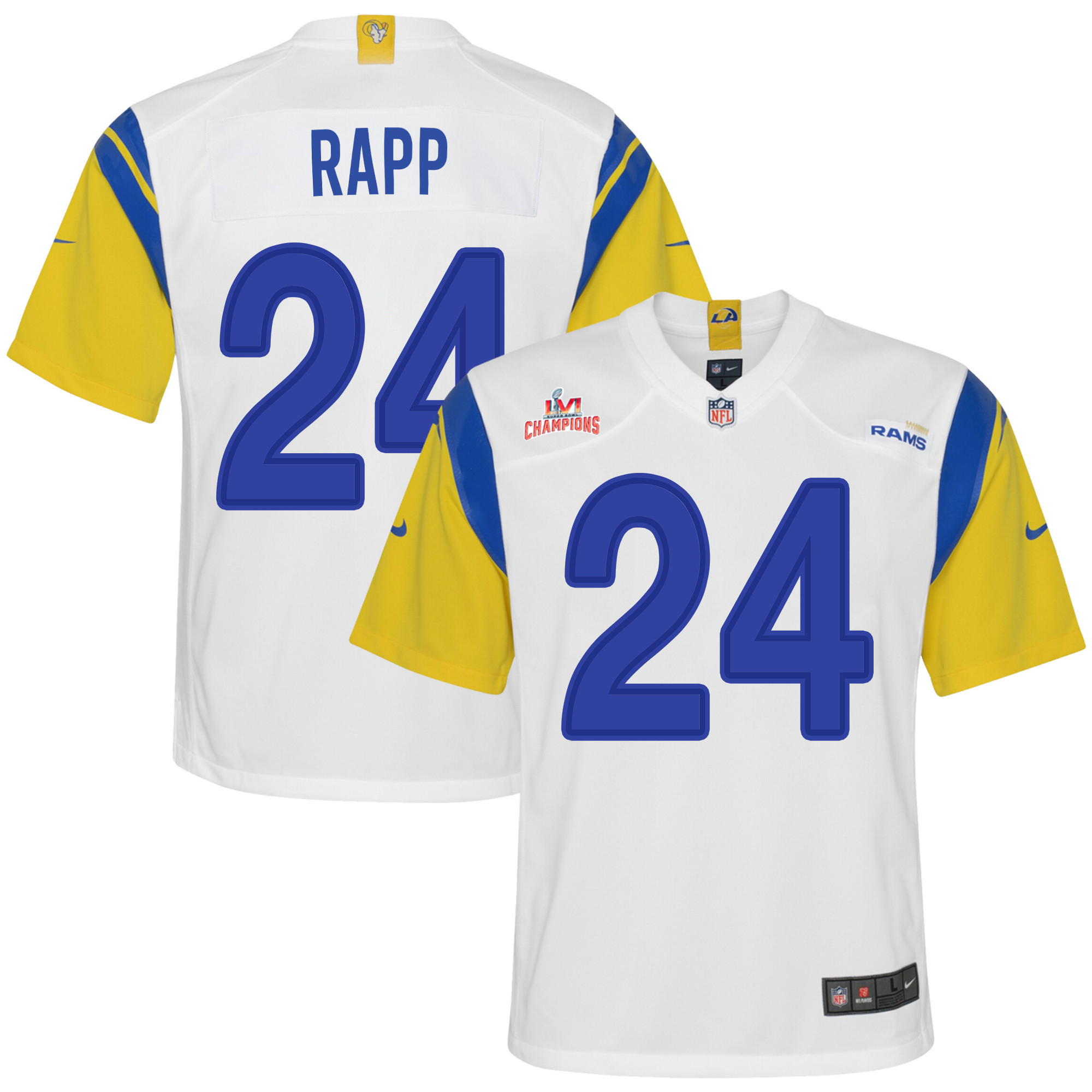 Super Bowl LVI Champions Los Angeles Rams Taylor Rapp 24 White Youth's Jersey Jersey