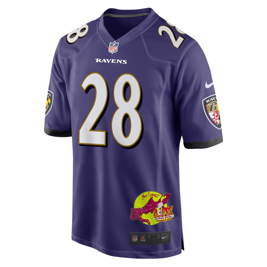 Sanoussi Kane 28 Baltimore Ravens Super Bowl LIX New Orleans Patch Game Men Jersey - Purple