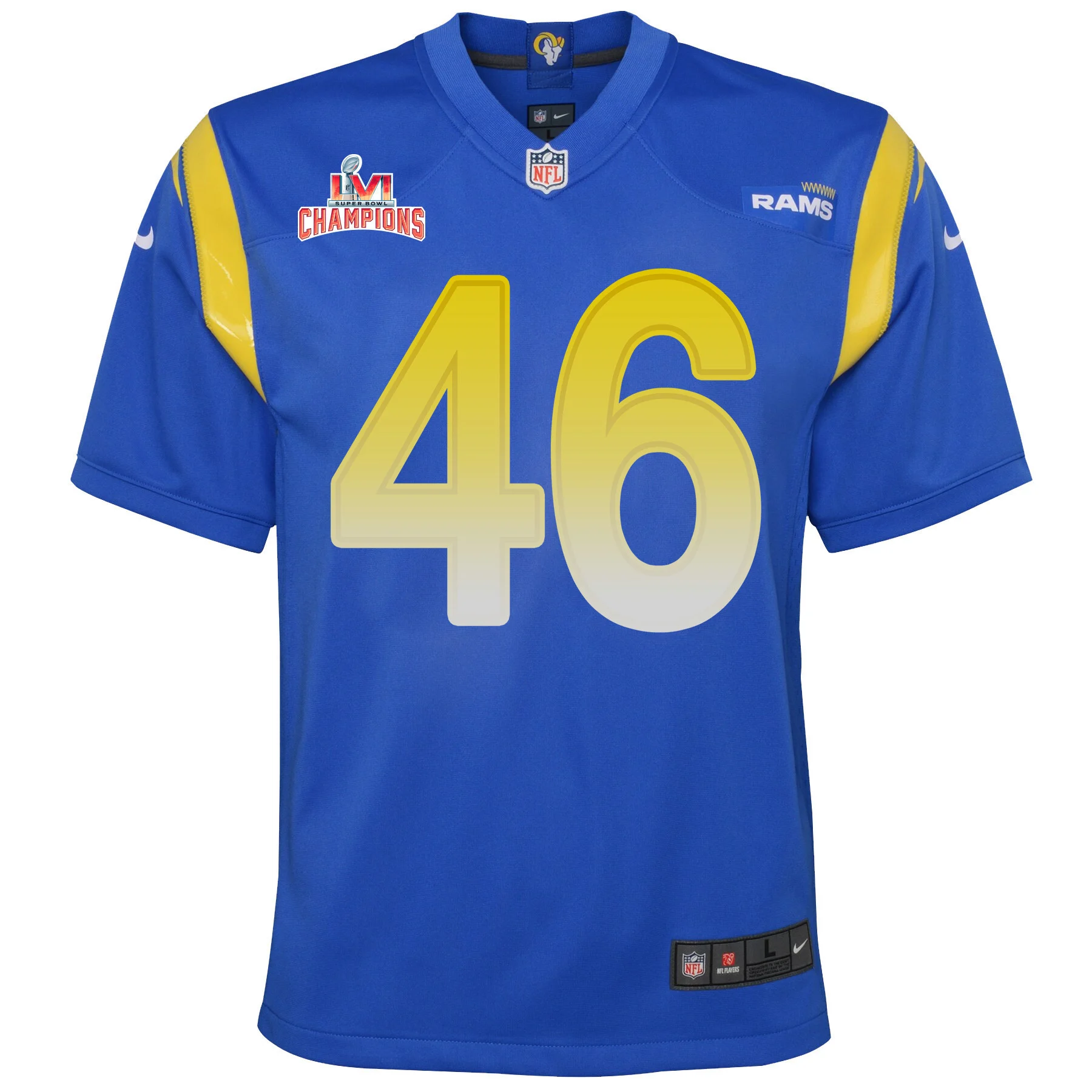 Super Bowl LVI Champions Los Angeles Rams Grant Haley 46 Royal Youth's Jersey Jersey