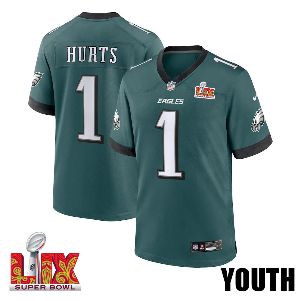 Jalen Hurts #1 Philadelphia Eagles Super Bowl LIX YOUTH Jersey - Midnight Green