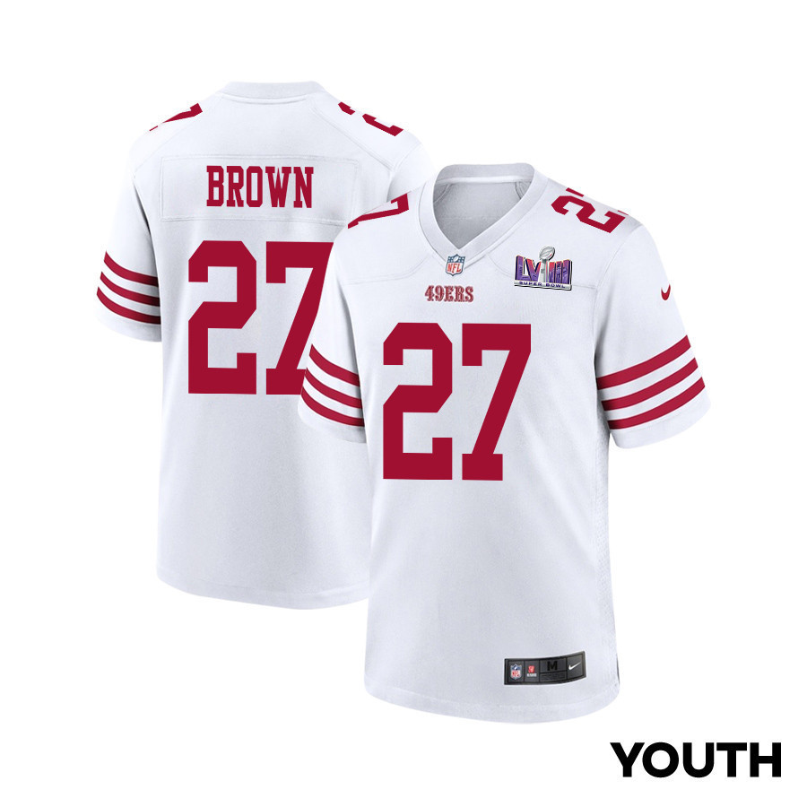 Ji'Ayir Brown 27 San Francisco 49ers Super Bowl LVIII Patch Game YOUTH Jersey - White