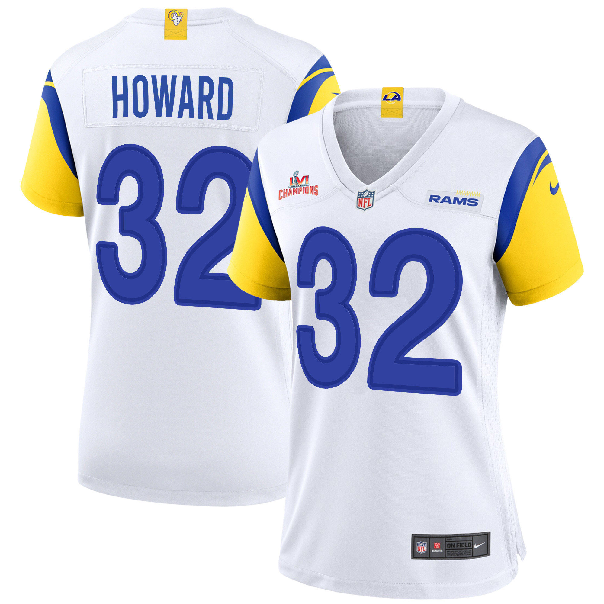 Super Bowl LVI Champions Los Angeles Rams Travin Howard 32 White Women's Jersey Jersey