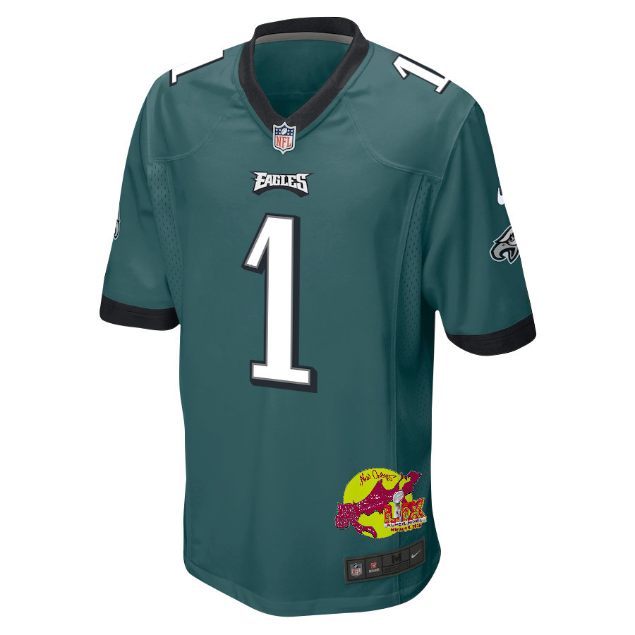 Jalen Hurts 1 Philadelphia Eagles Super Bowl LIX New Orleans Patch Game Men Jersey - Midnight Green