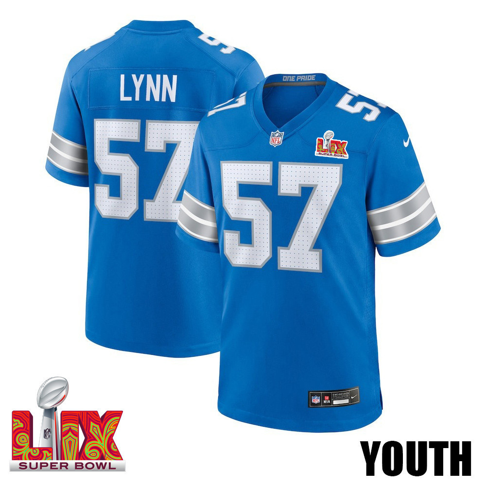 Nate Lynn #57 Detroit Lions Super Bowl LIX YOUTH Jersey - Blue