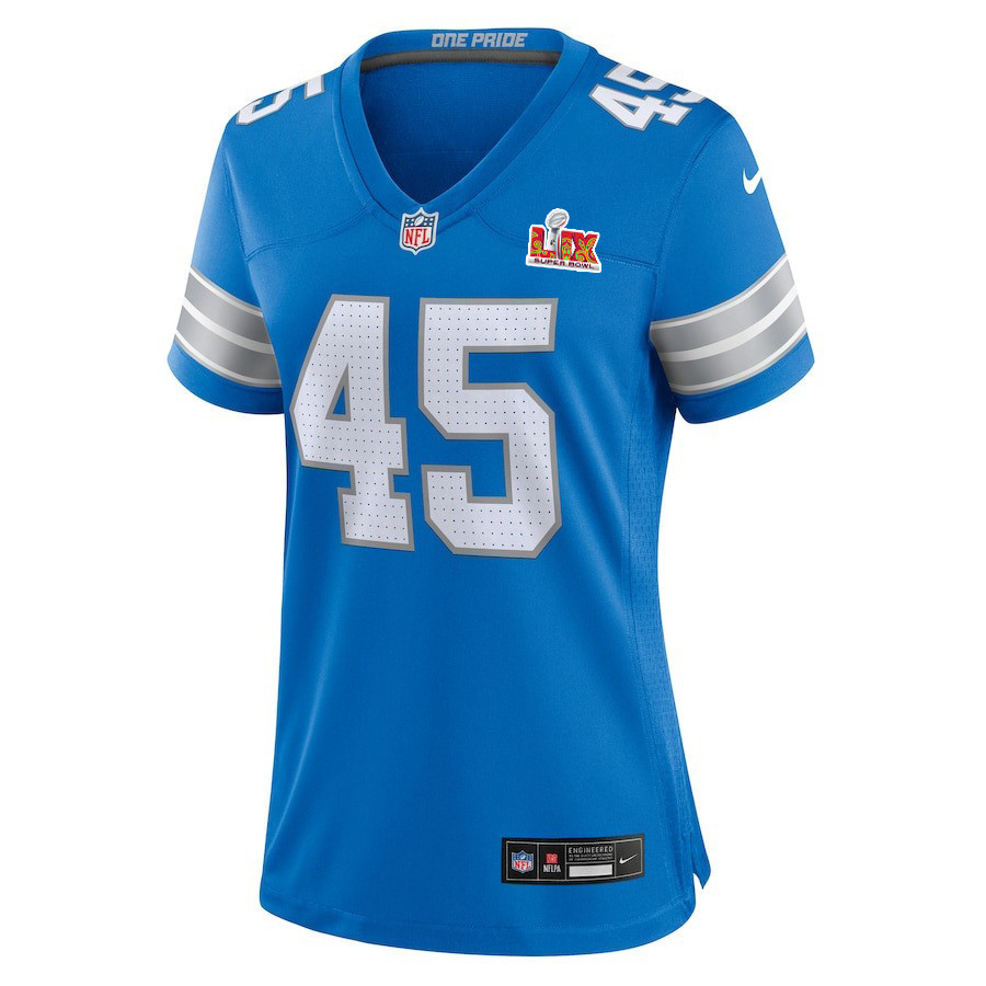 Isaac Ukwu #45 Detroit Lions Super Bowl LIX Women's Jersey - Blue