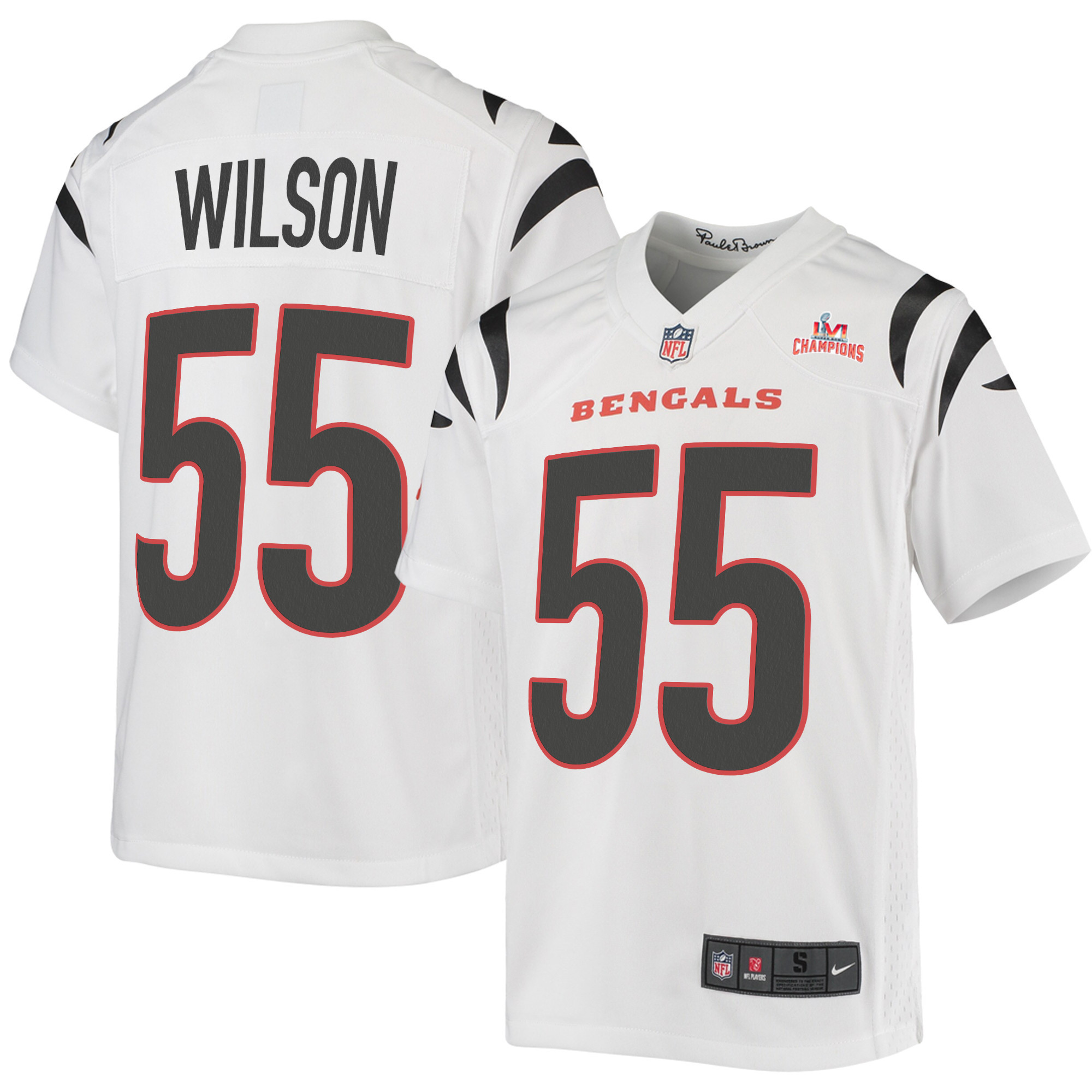 Super Bowl LVI Champions Cincinnati Bengals Logan Wilson 55 White Youth's Jersey Jersey